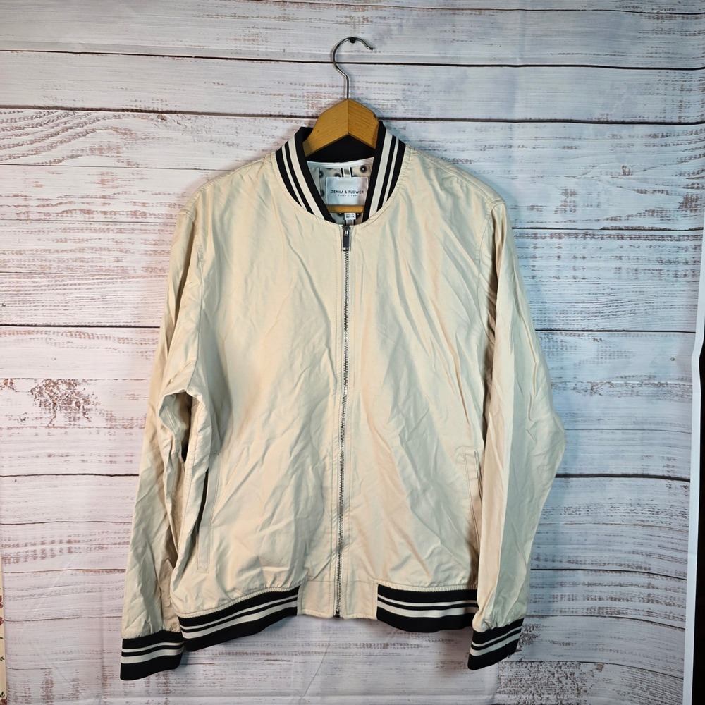 Denim & Flower Ricky Singh Varsity Bomber Jacket Men's XL Cream Full Zip